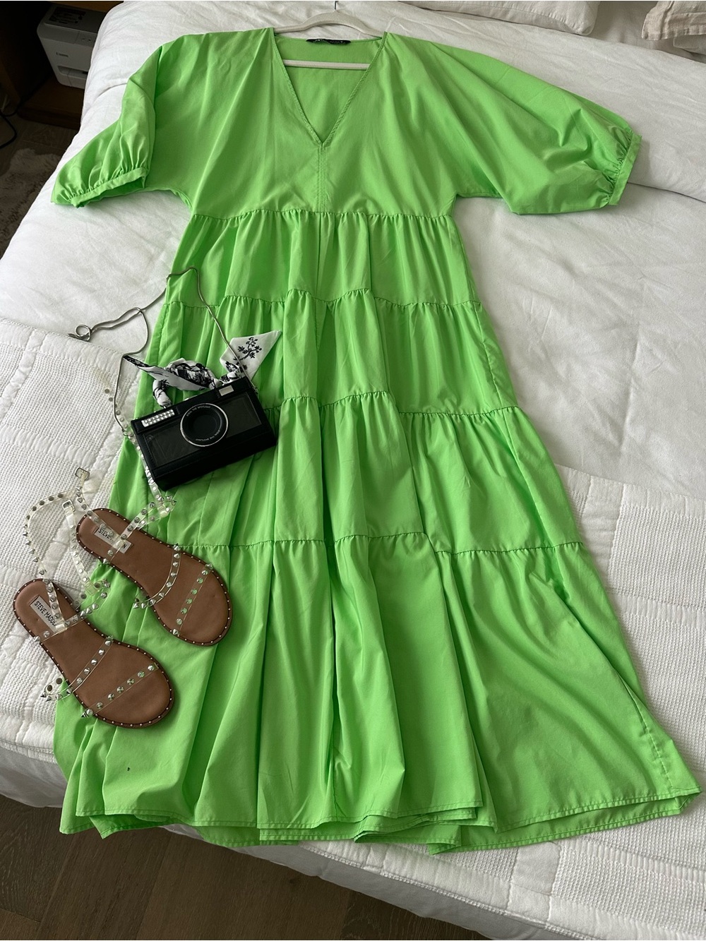 Zara Lime Green V-Neck Tiered Maxi Dress